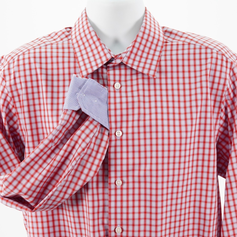 Egara Mens Large Blue Red Plaid Non-Iron Collared Dress Shirt Flip Cuff Cotton